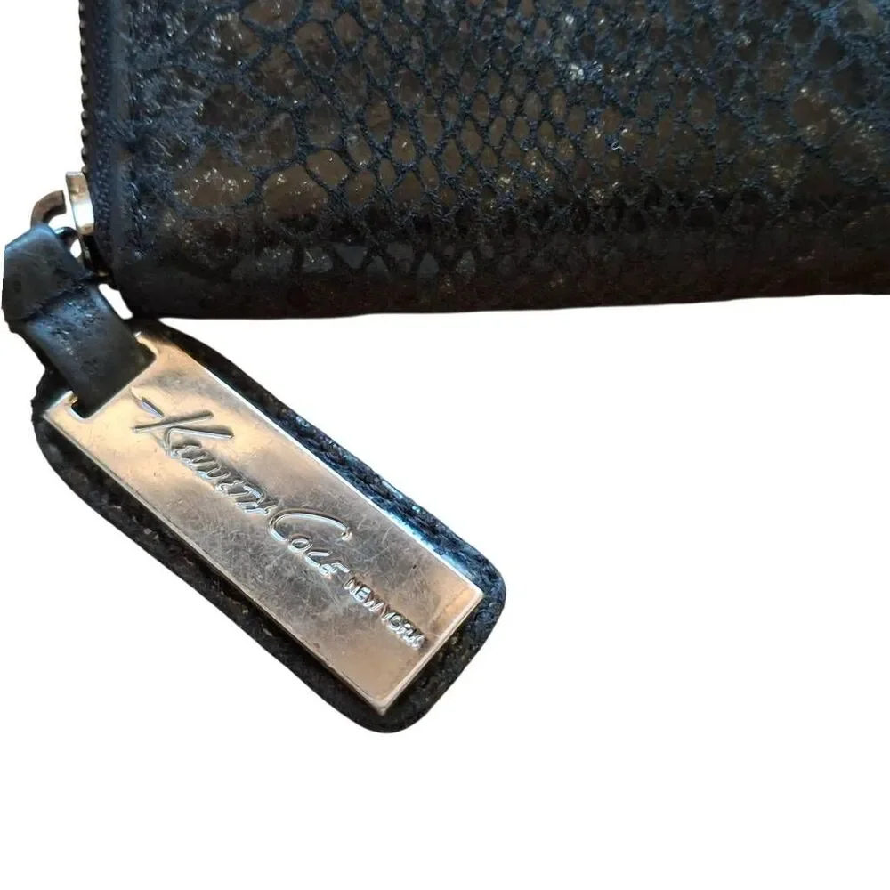 Kenneth Cole New York Black Faux Snakeskin Zip Wallet 16 Card Slots Metallic Lea